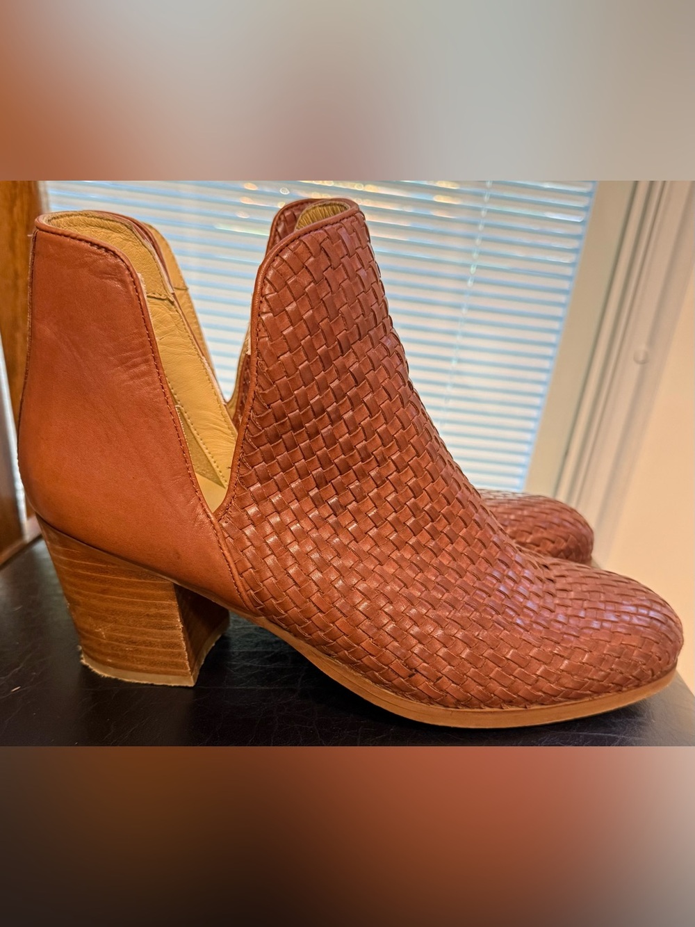 Vintage Foundry Co. Woven Leather Cutout Booties Size 9.5 Brown/Cognac